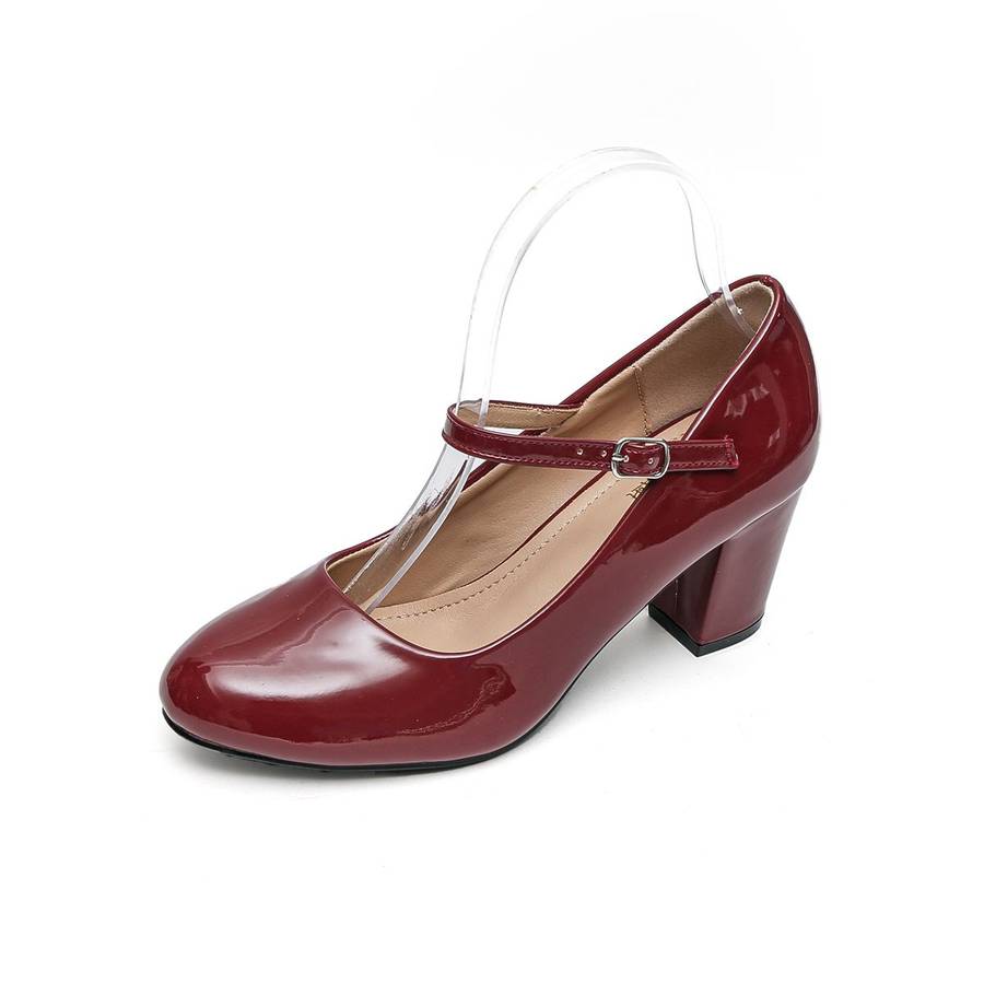 TTP Women Patent PU Block Heel Courts With Ankle Strap JSF66