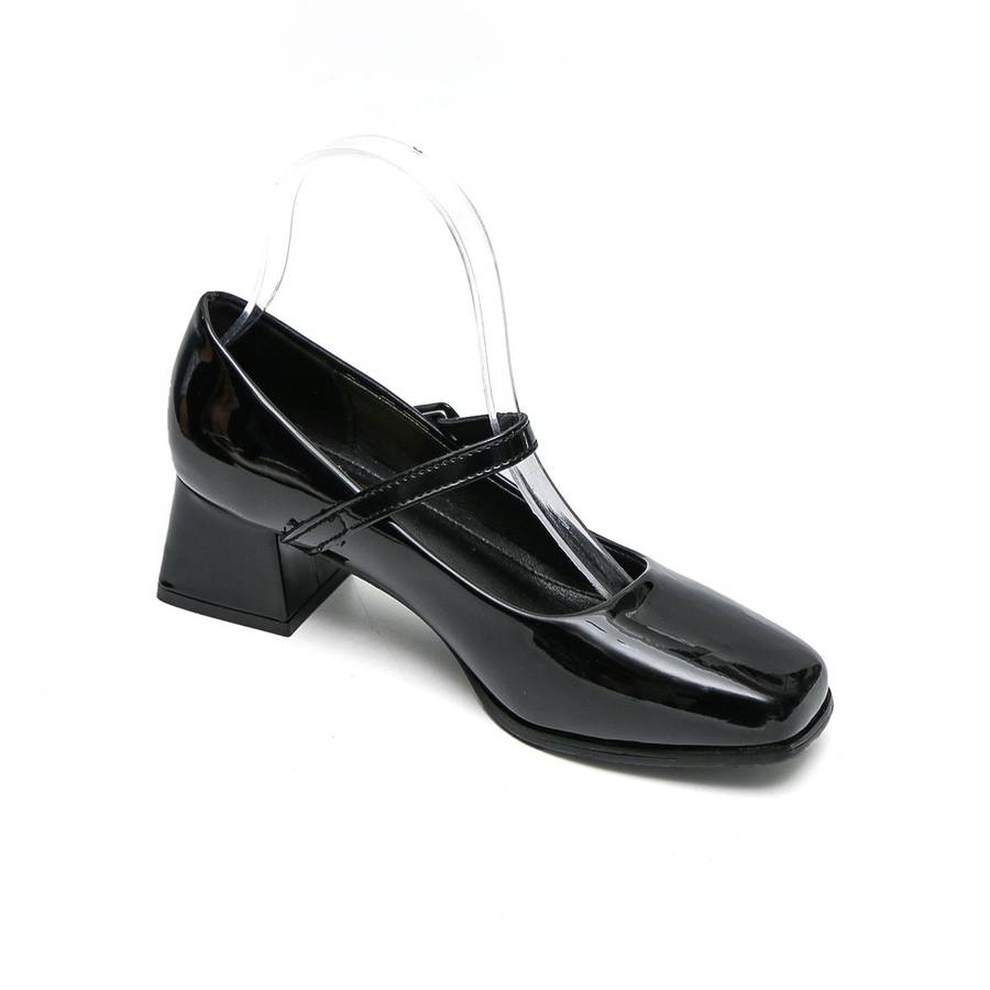 TTP Ladies Square Toe Patent PU Flare Heels with Ankle Strap JSF56