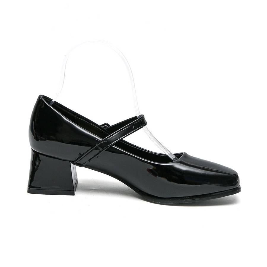 TTP Ladies Square Toe Patent PU Flare Heels with Ankle Strap JSF56