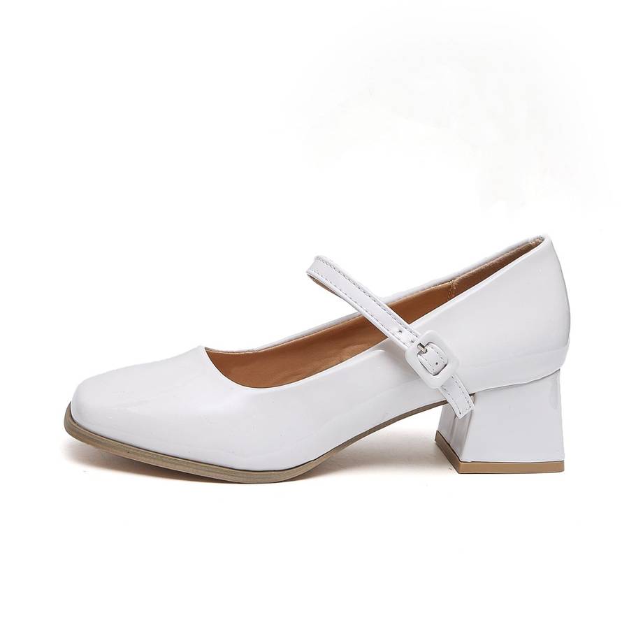 TTP Ladies Square Toe Patent PU Flare Heels with Ankle Strap JSF56