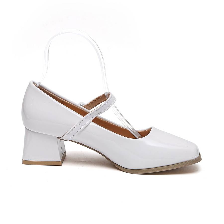 TTP Ladies Square Toe Patent PU Flare Heels with Ankle Strap JSF56