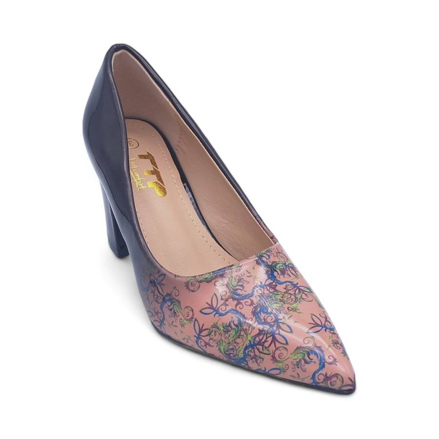 TTP Sleek Patent Block Heel Point Toe Heels with Flower Print JSF70-2