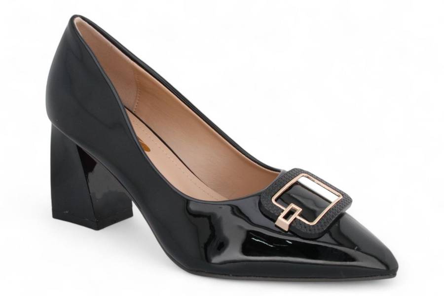 TTP Women Patent Flare Block Heel Slip On Courts with Square Decor JSF97-1