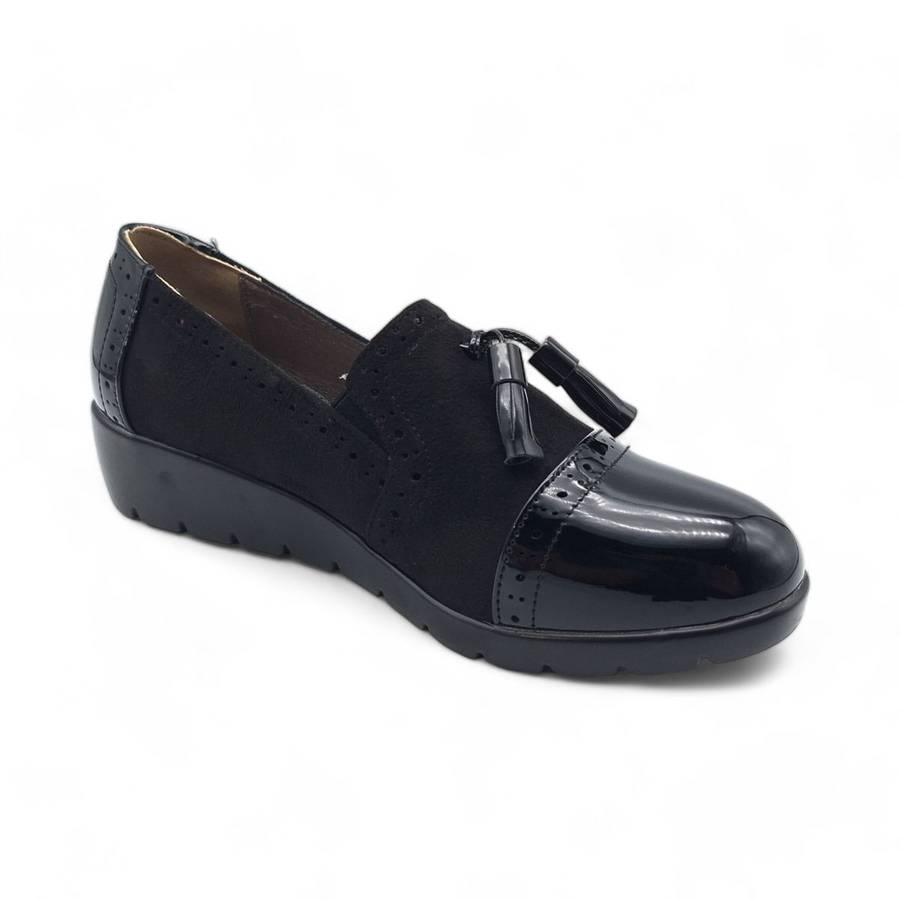 TTP Women Black Wedge Round Toe Slip On Loafers with Tassel XB3706