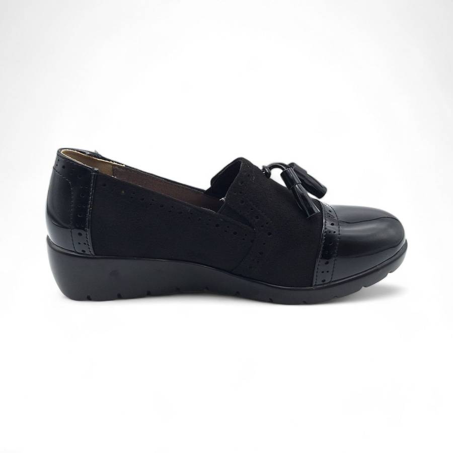 TTP Women Black Wedge Round Toe Slip On Loafers with Tassel XB3706