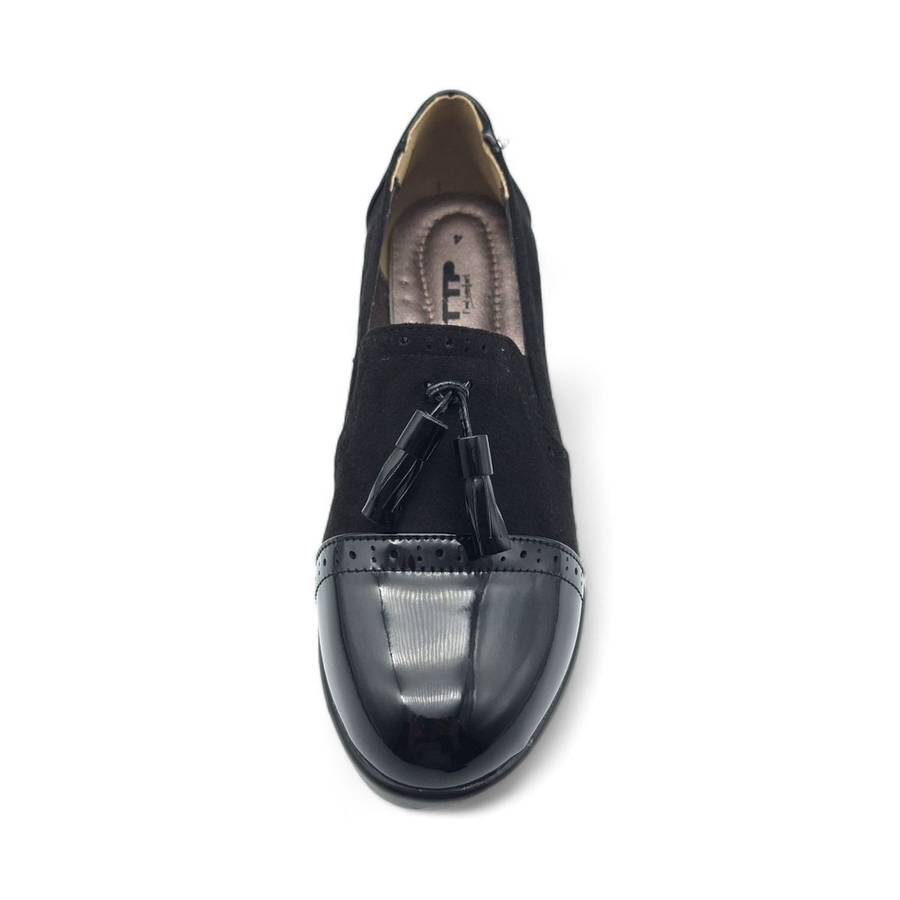 TTP Women Black Wedge Round Toe Slip On Loafers with Tassel XB3706
