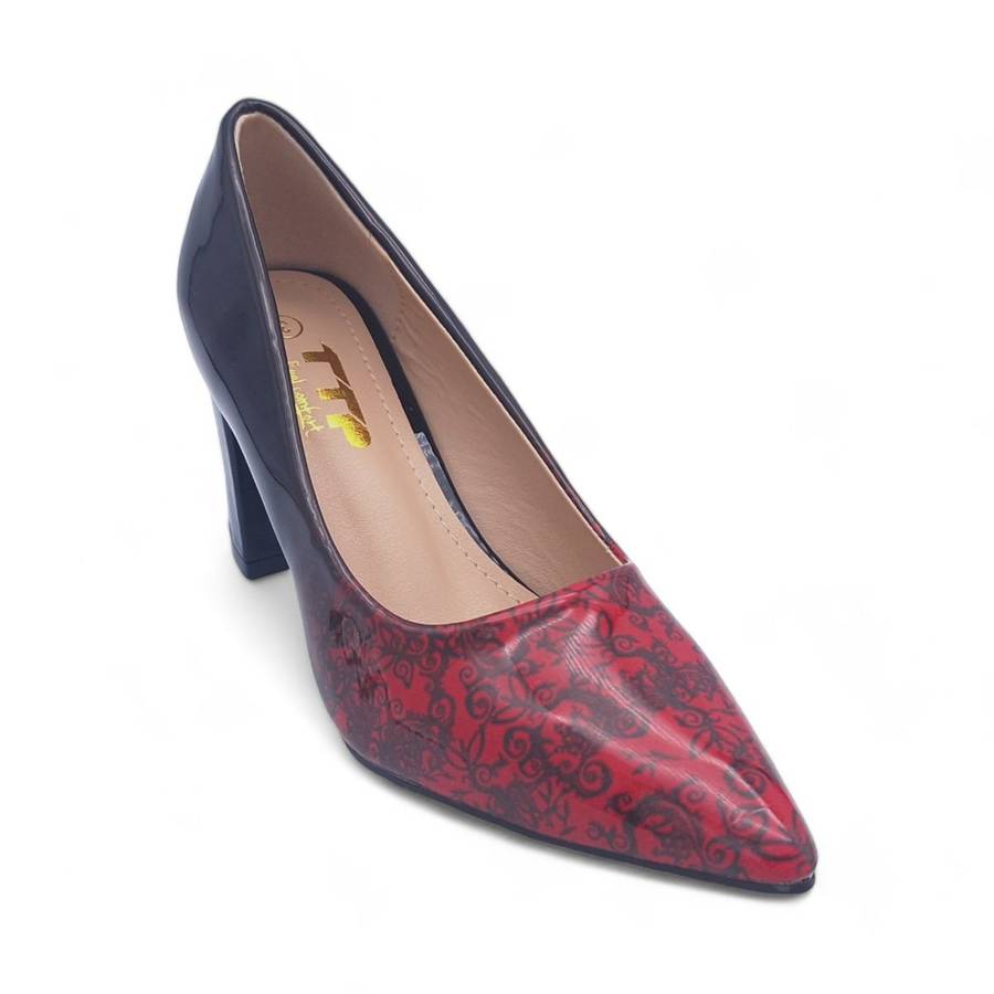 TTP Sleek Patent Block Heel Point Toe Heels with Flower Print JSF70-1