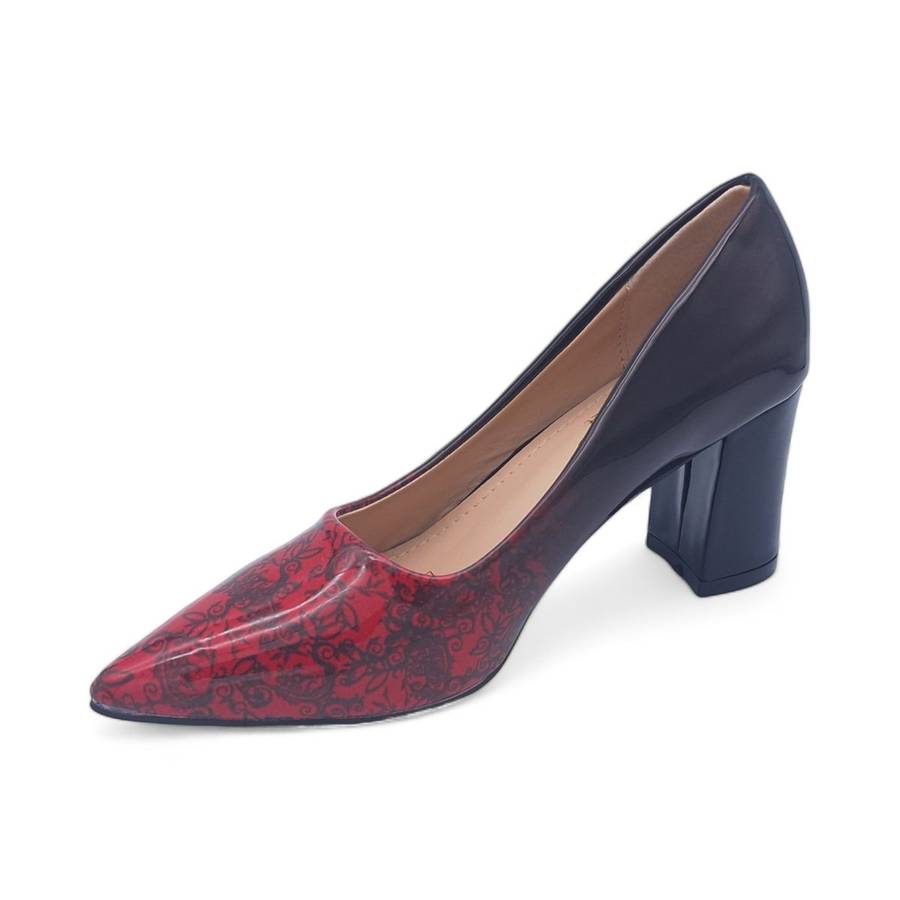 TTP Sleek Patent Block Heel Point Toe Heels with Flower Print JSF70-1