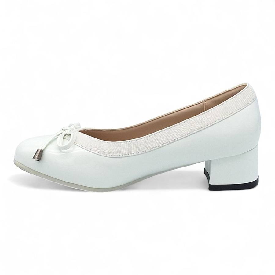 TTP Ladies Patent Court Heel Elasticated Top Line & Ribbon Decor HT7808-2