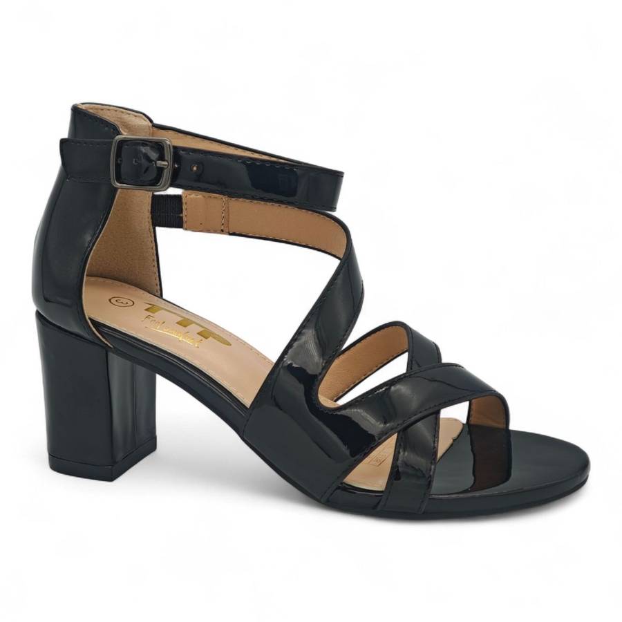 Patent TTP Block-Heel Sandal with Crisscross Straps JSF142