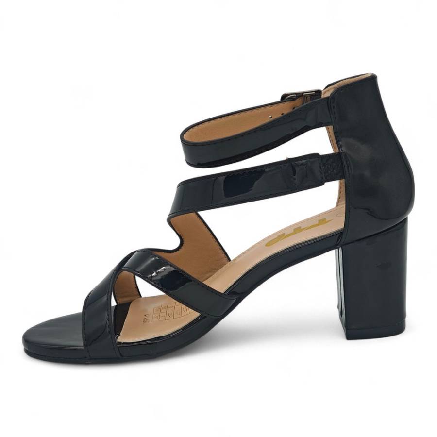 Patent TTP Block-Heel Sandal with Crisscross Straps JSF142