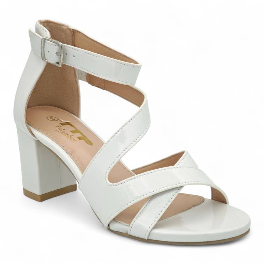 Patent TTP Block-Heel Sandal with Crisscross Straps JSF142