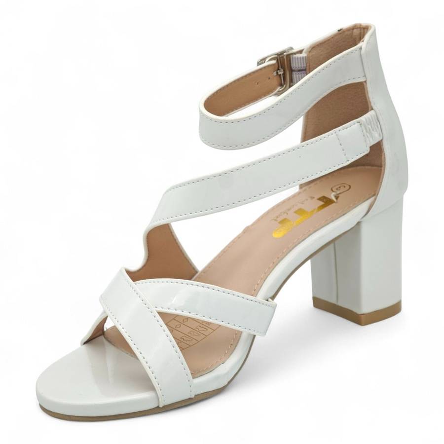 Patent TTP Block-Heel Sandal with Crisscross Straps JSF142