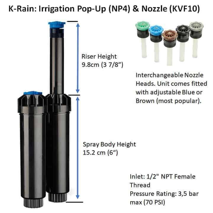 Irrigation Sprinkler Pop-Up & Nozzle | K-RAIN NP4 + KVF10 | 6m Diameter Spray, 25cm height