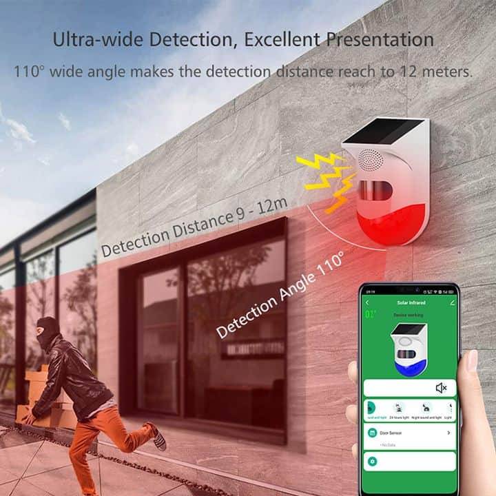 Smart Wireless PIR Motion Sensor | Outdoor Solar | Alarm+ Strobe | WiFi Tuya Smart Life