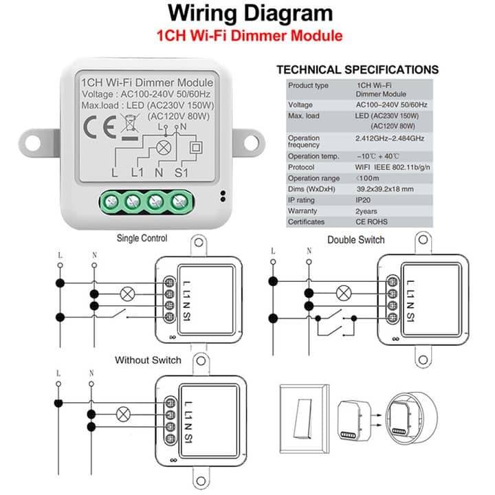 Smart Mini Switch Dimmer Module 1 Gang (upgrade existing) | WiFi Tuya Smart Life