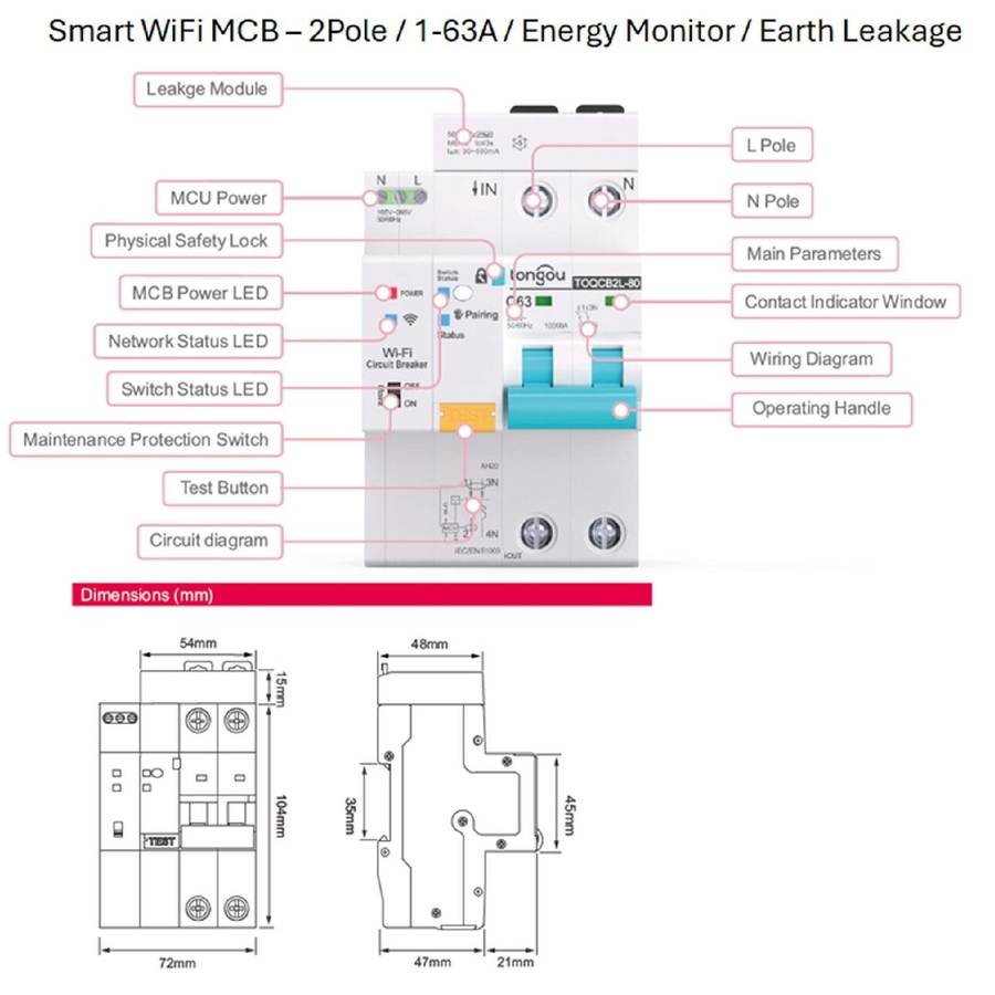 Smart Switch Circuit Breaker | 2 Pole MCB, 1-63A 230VAC | Energy Meter | Earth Leakage | WiFi Tuya
