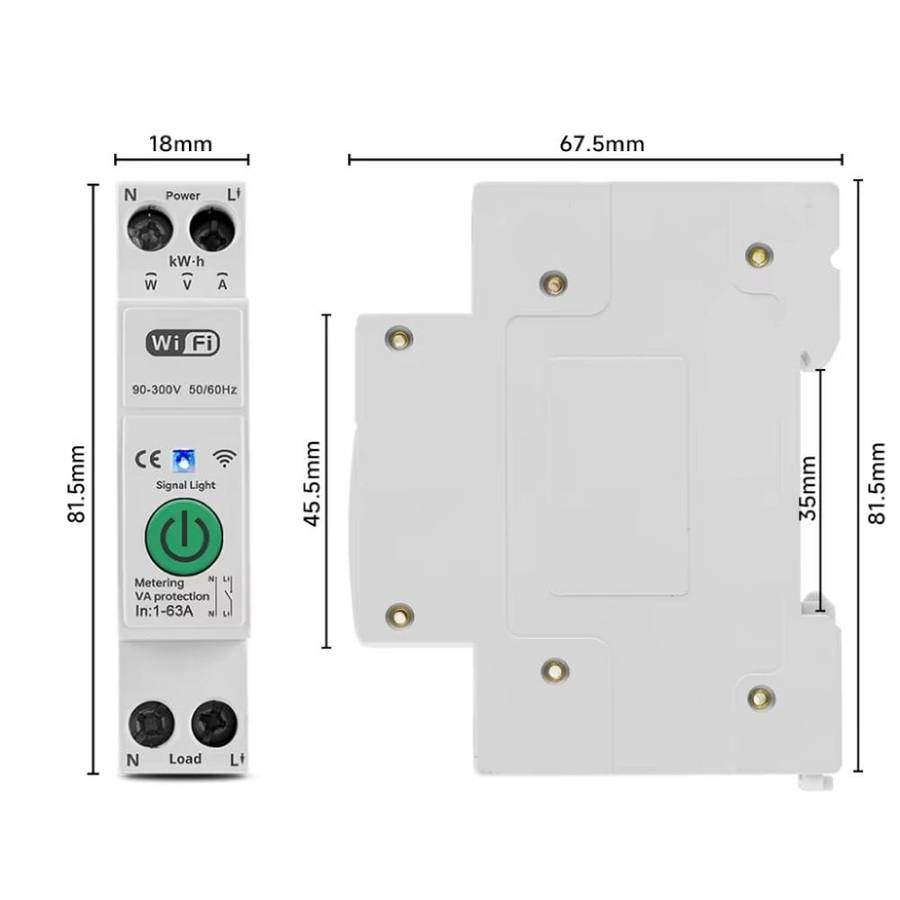 Smart Switch Din Rail | 1 Pole Breaker, 1- 63A adjustable 230VAC | Energy Meter | WiFi Tuya