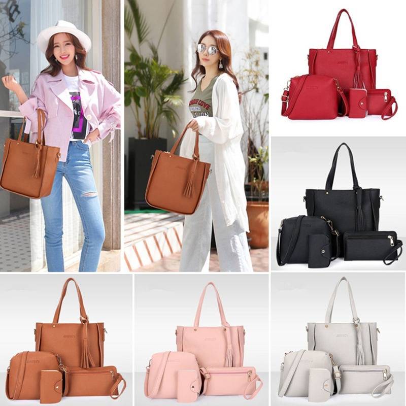 4pcs Set Women Shoulder Bag PU Leather Satchel Clutch Handbag Tote