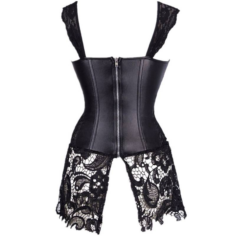 Sexy Lace Patchwork Leather Corset Shapewear Plus Size Bodysuit Steampunk
