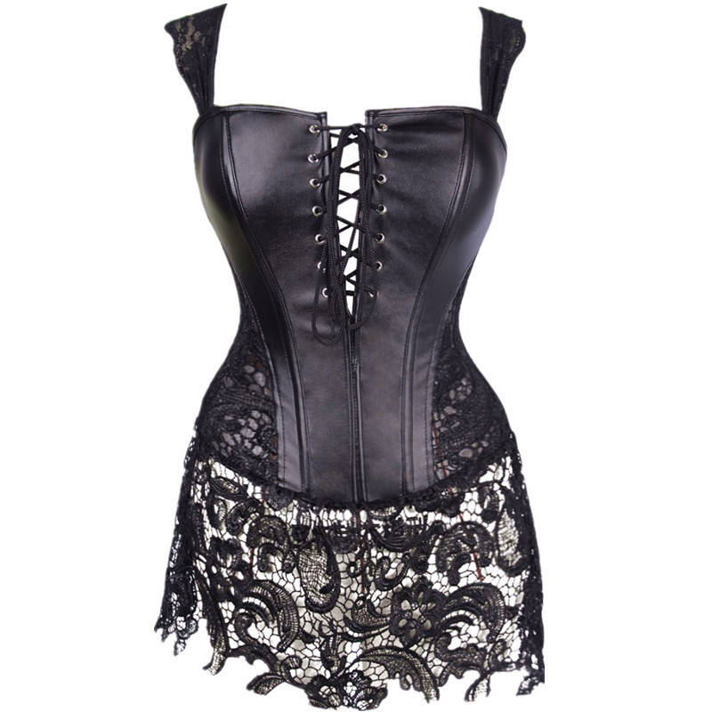 Sexy Lace Patchwork Leather Corset Shapewear Plus Size Bodysuit Steampunk