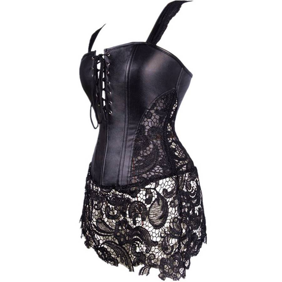 Sexy Lace Patchwork Leather Corset Shapewear Plus Size Bodysuit Steampunk