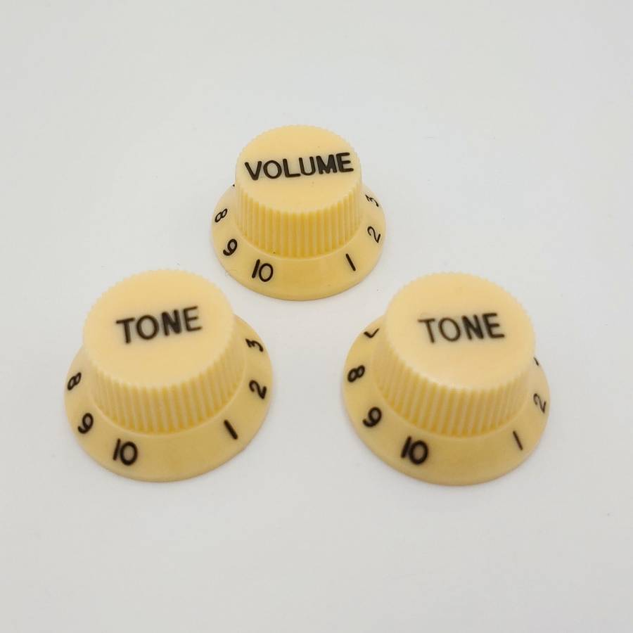 Cream with Black Writing Strat style replacement knob set - 1 Volume, 2 tone