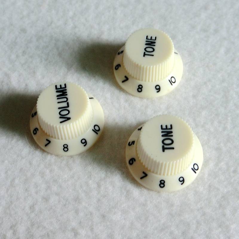 Vintage White with Black Writing Strat style replacement knob set - 1 Volume, 2 tone