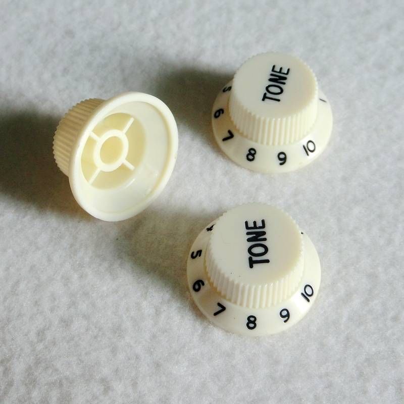 Vintage White with Black Writing Strat style replacement knob set - 1 Volume, 2 tone