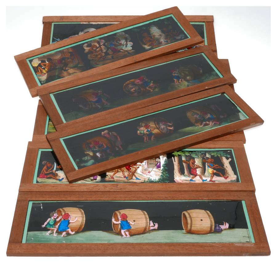 Set of 8 hand painted magic lantern slides film story displayed