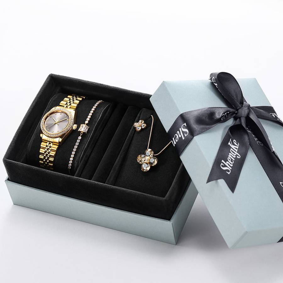 Shengke K0156 Jewelry Set (Earings, Necklace & Bracelet) - Gold