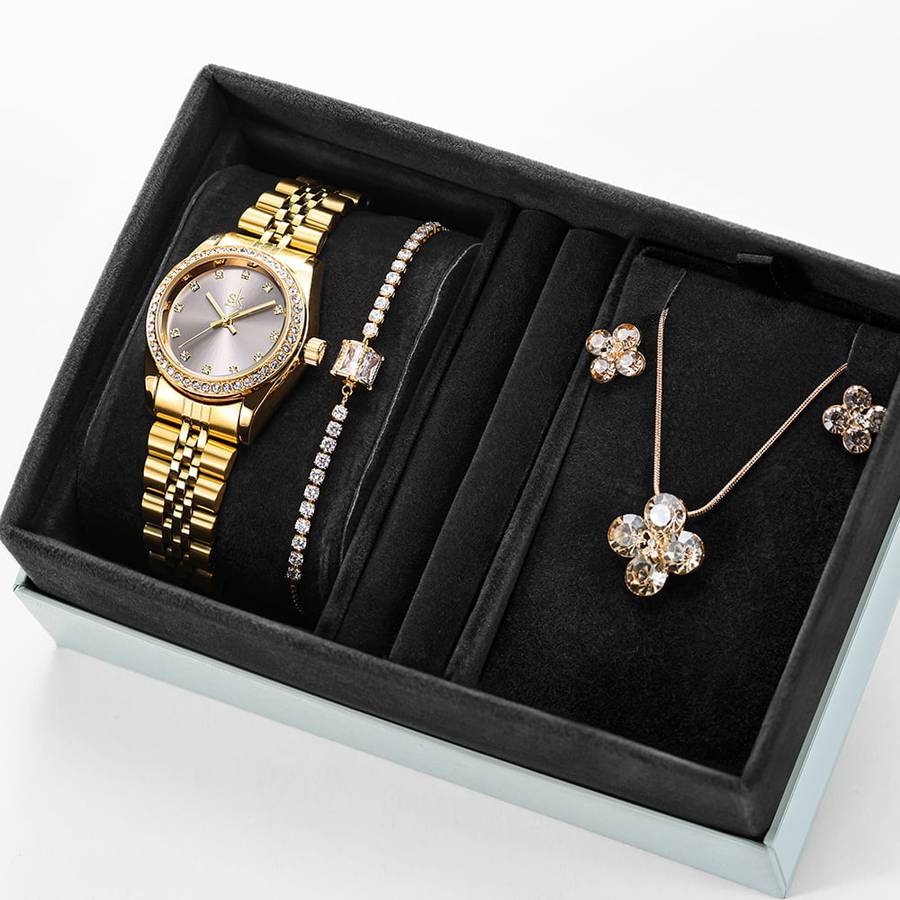Shengke K0156 Jewelry Set (Earings, Necklace & Bracelet) - Gold