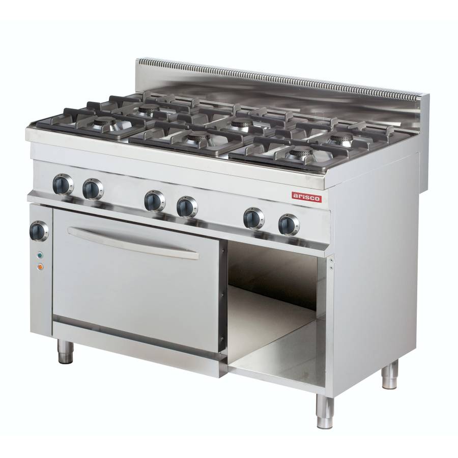 6 Burner gas cooking range with electric convection oven & cabinet