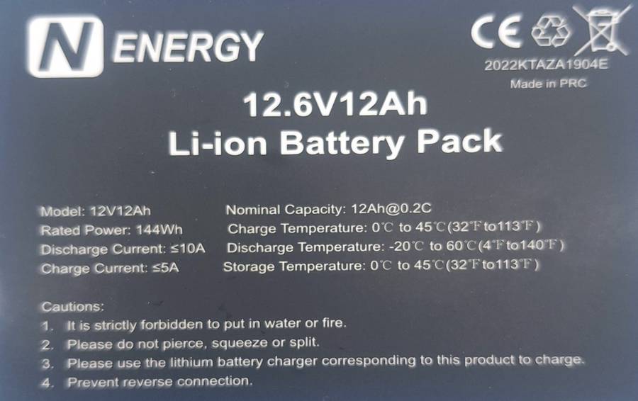 N Energy 12.6v 12ah Li-Ion Battery Pack
