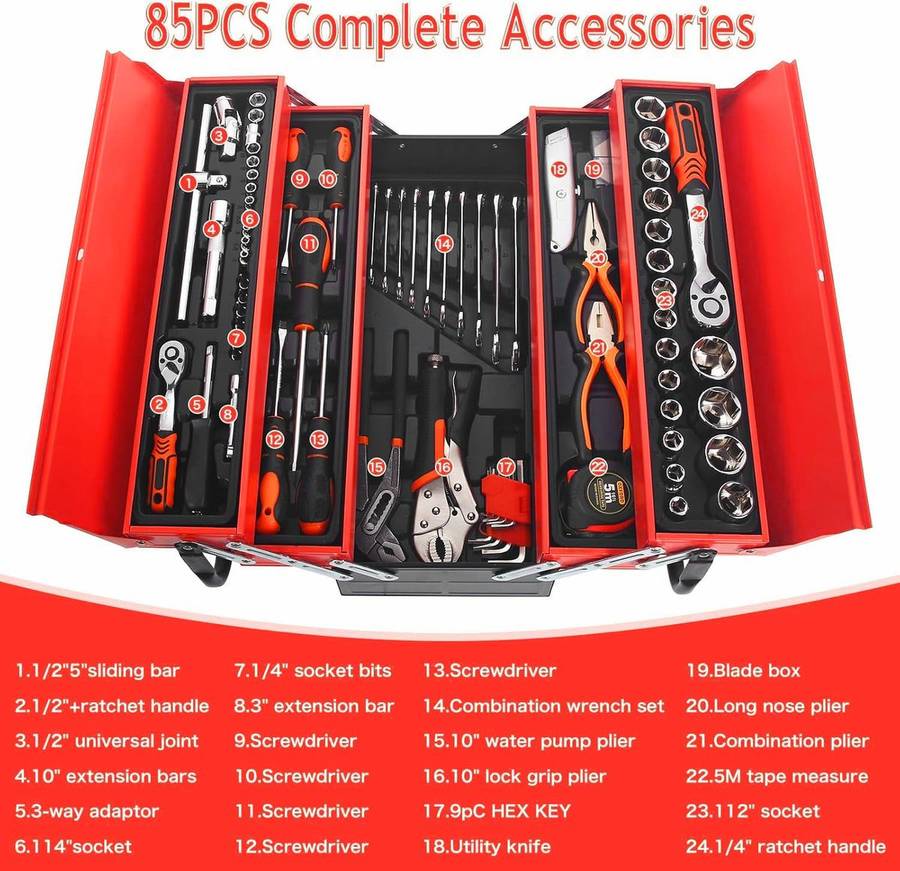85 Piece Hand Tool Socket Wrench Set with Metal Mechanic Tool Box Car Tool