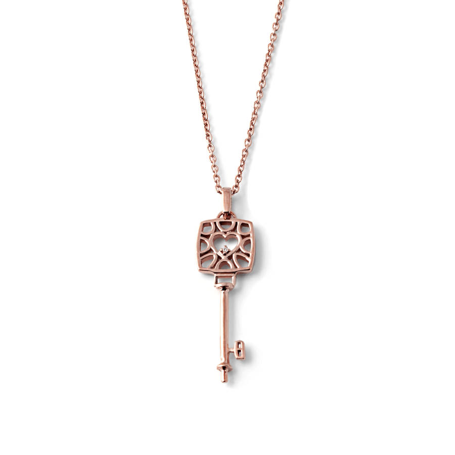 Square Key Diamond Pendant And Chain - Rose-gold