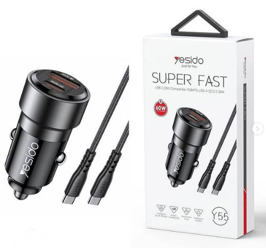 Yesido Super Fast Charging 60W Car Charger With Dual USB Type-C Cable - Y55