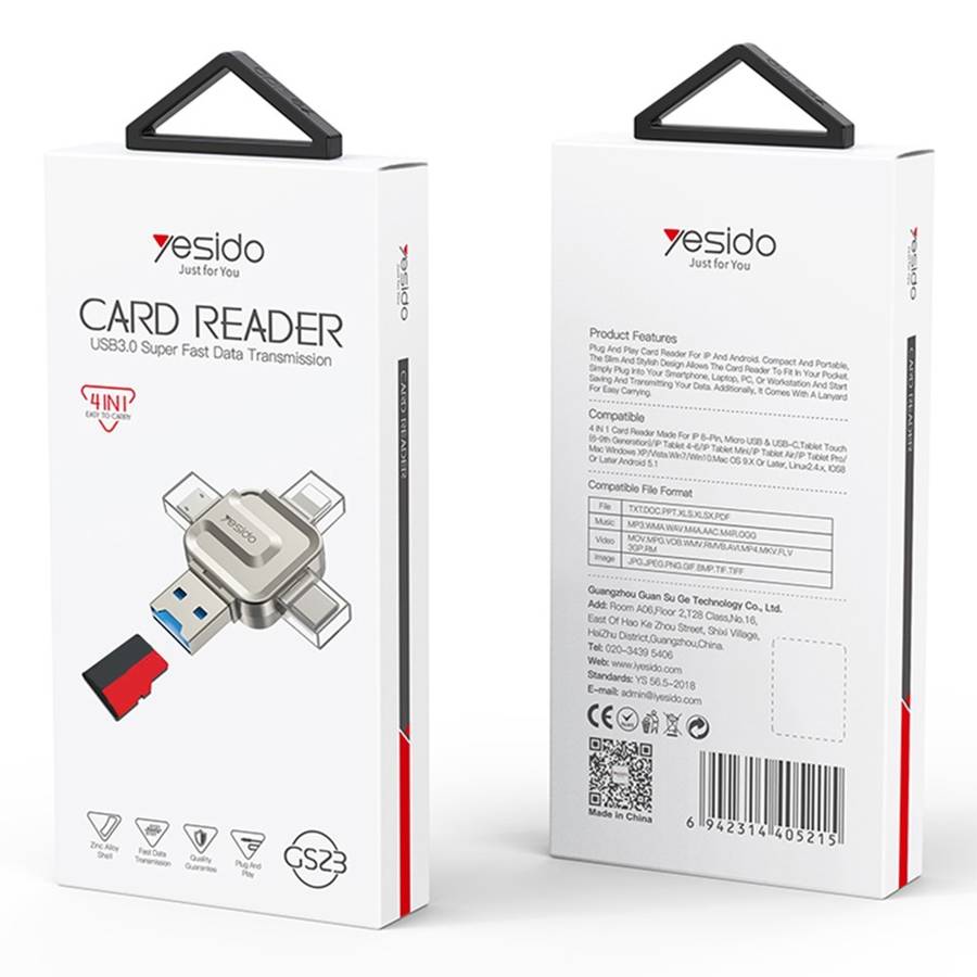 YESIDO GS23 USB 3.0 High Speed Card Reader 4 in 1 TF Card Reader Portable Memory Card Adapter