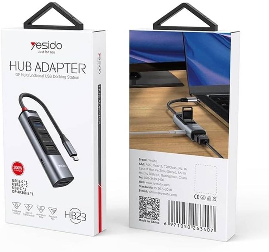 YESIDO HB23 5-in-1 Type-C Hub Adapter Multi Port USB-C Docking Station with USB3.0+2 USB2.0+DP+PD...