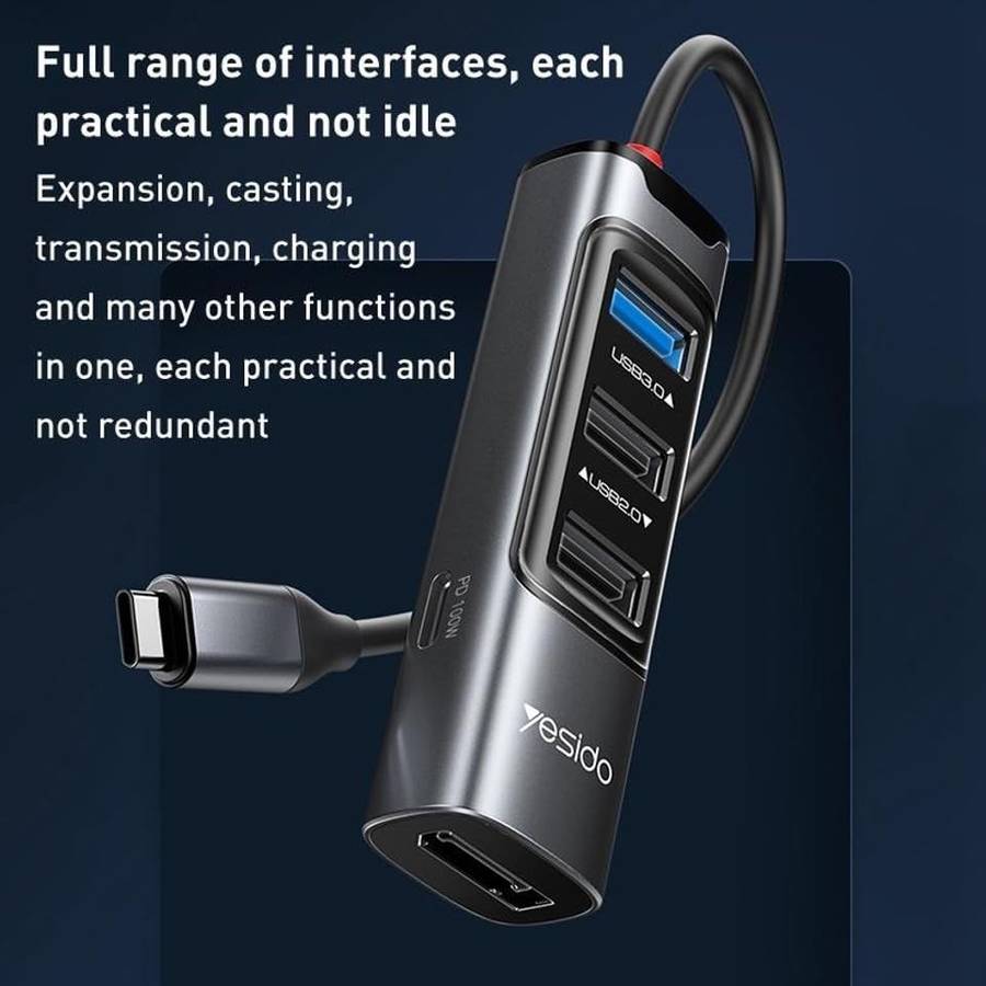 YESIDO HB23 5-in-1 Type-C Hub Adapter Multi Port USB-C Docking Station with USB3.0+2 USB2.0+DP+PD...