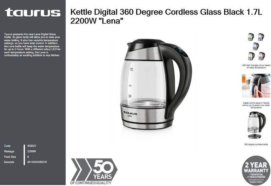 Taurus Kettle Digital 360 Degree Cordless Glass Black 1.7L 2200W "Lena"
