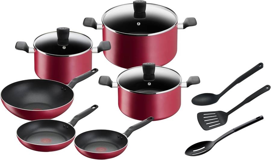 Tefal - Super Cook Non-Stick With Thermo-Spot 12 Piece Cooking Set - Red