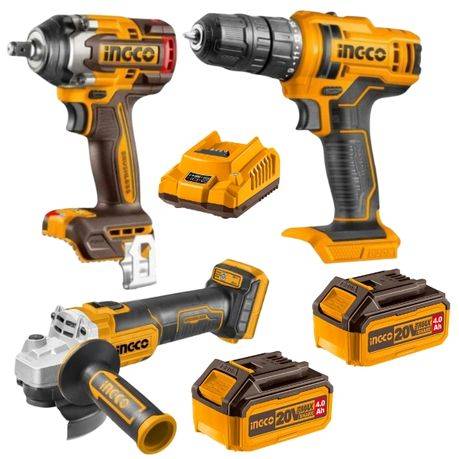 Ingco - Cordless Impact Wrench (500NM), Angle Grinder &amp; Cordless Drill Kit