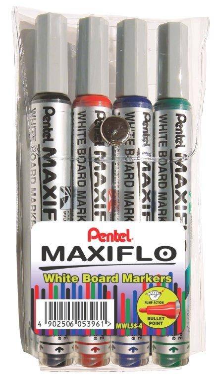 Pentel Maxiflo 4.0mm Bullet Tip Whiteboard Markers - Wallet of 4