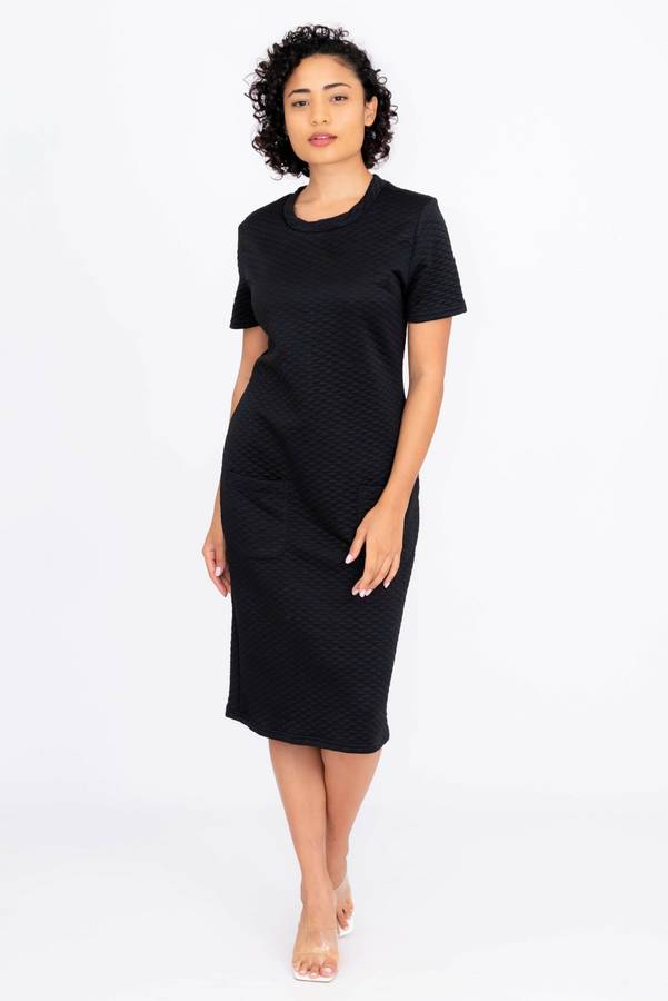 Short Sleeve Textured Black Dress With Pockets