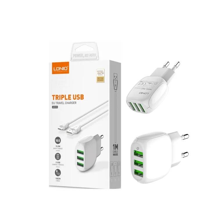 LDNIO 15.5W 3USB Travel Smart Fast Charger 3.1A With Cable Type C
