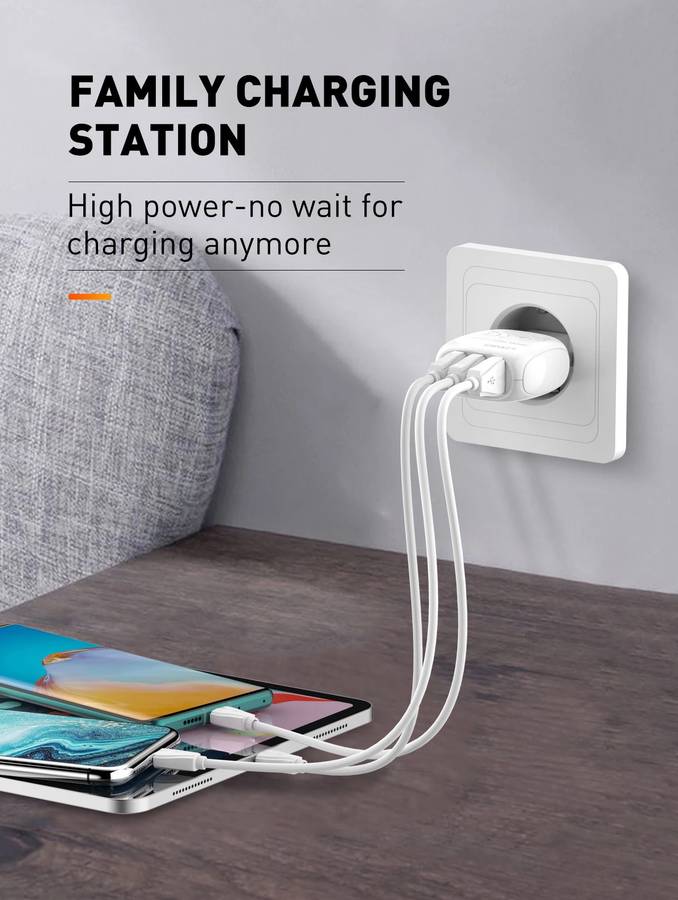 LDNIO 15.5W 3USB Travel Smart Fast Charger 3.1A With Cable Type C