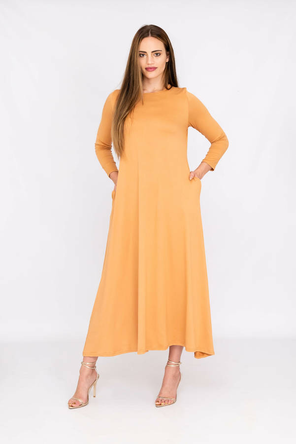 Madilyn Women's Casual Long Sleeves Maxi Dress With Pockets Tan - XXL