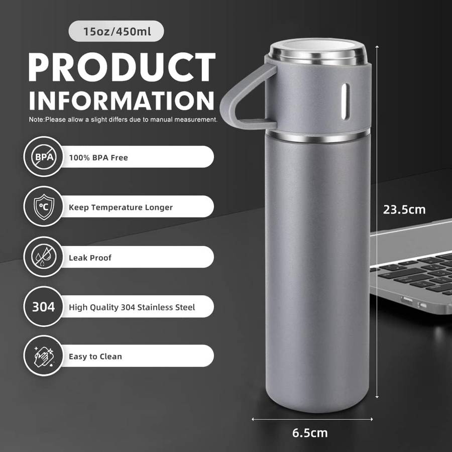 Thermos Vacuum Double Wall Of Stainless Steel Flask Set With 3 Cups 500ml