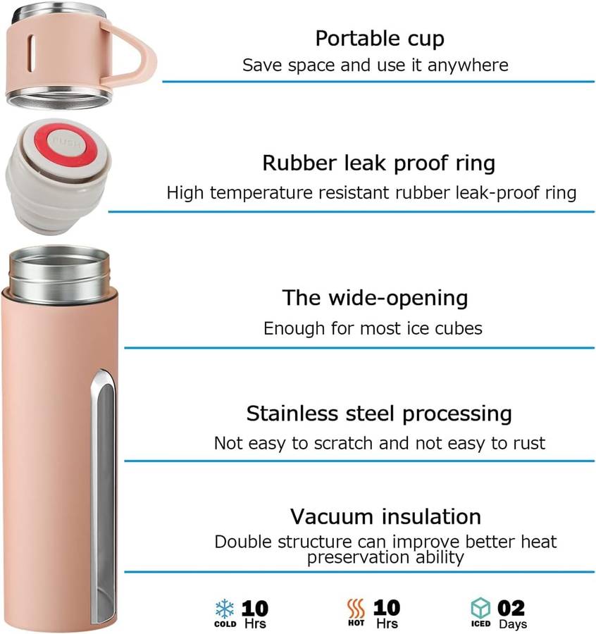 Thermos Vacuum Double Wall Of Stainless Steel Flask Set With 3 Cups 500ml